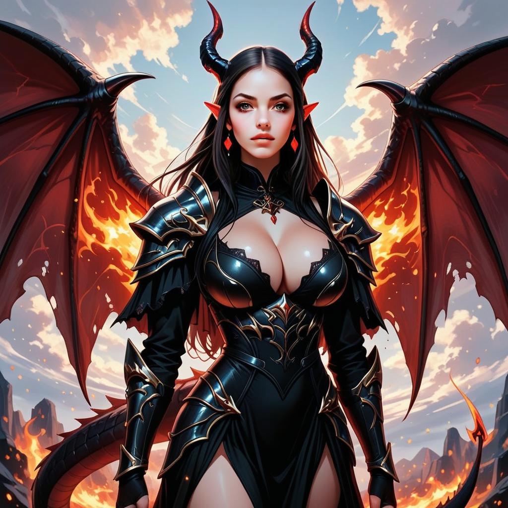 Fantasy Demon Queen Woman with Fiery Dragon Wings and Armor