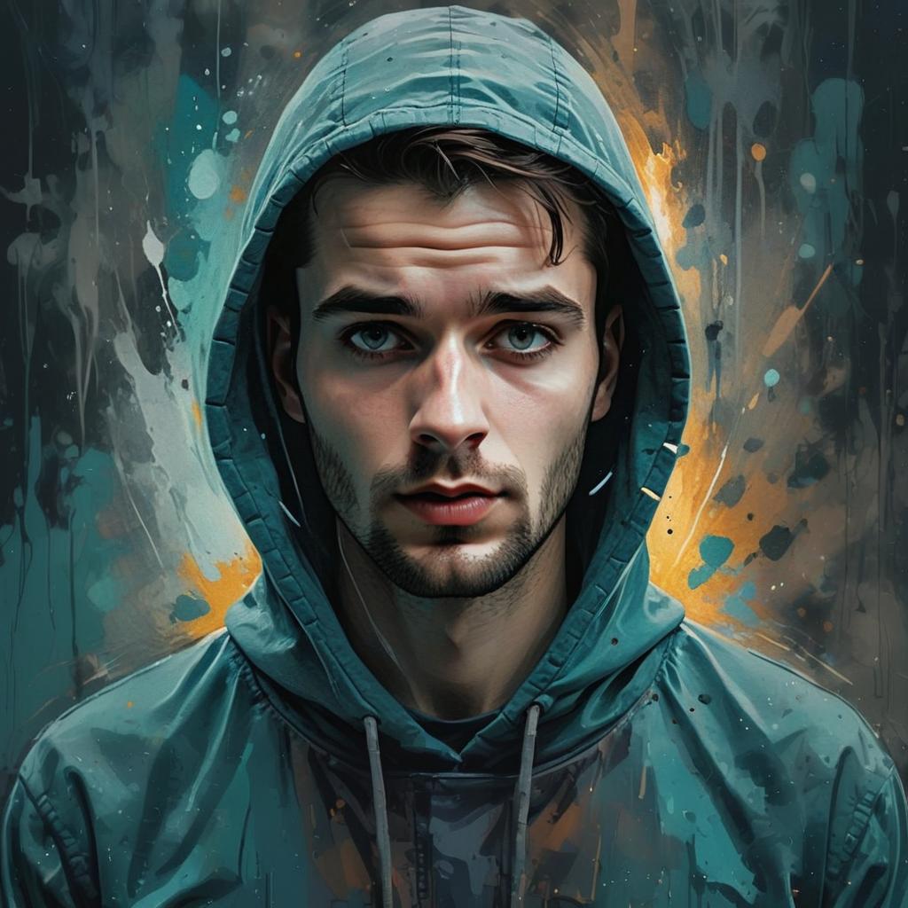 Digital Portrait of Young Man in Teal Hoodie with Artistic Background
