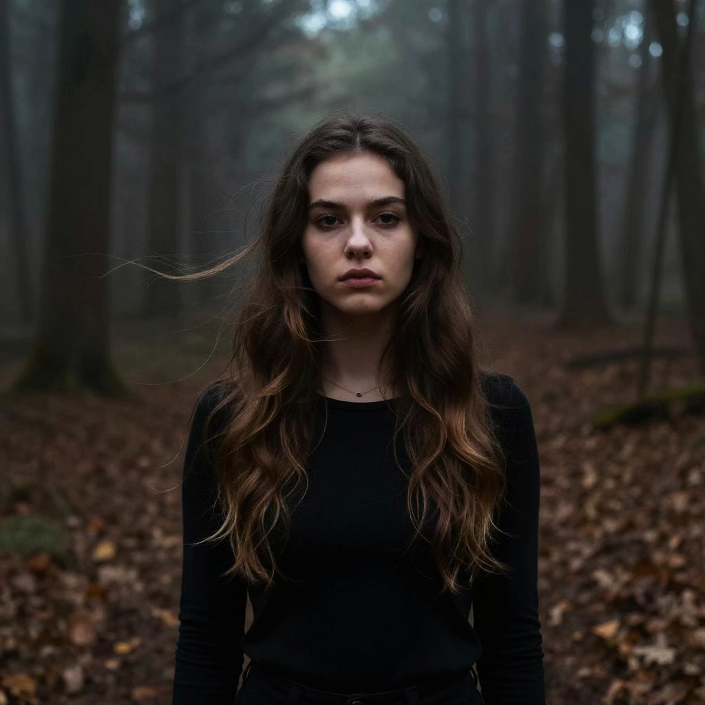 Moody Portrait of Young Woman in Misty Forest