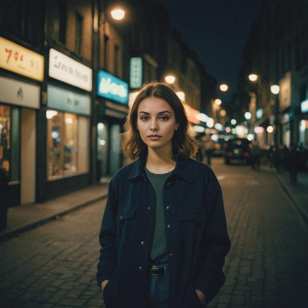 Elegant young woman in urban street at dusk with Kodacolor film aesthetic