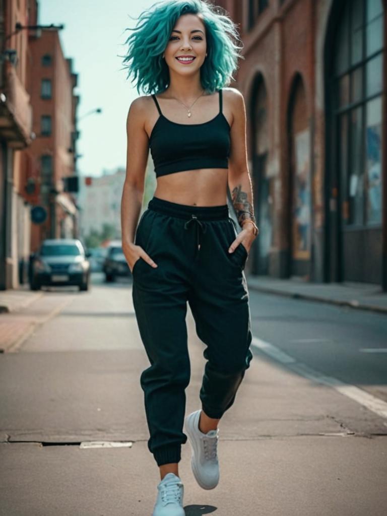 Joyful Woman with Teal Hair in Urban Setting