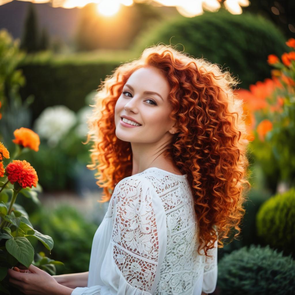 Young Woman in White Lace Dress in Sunlit Garden