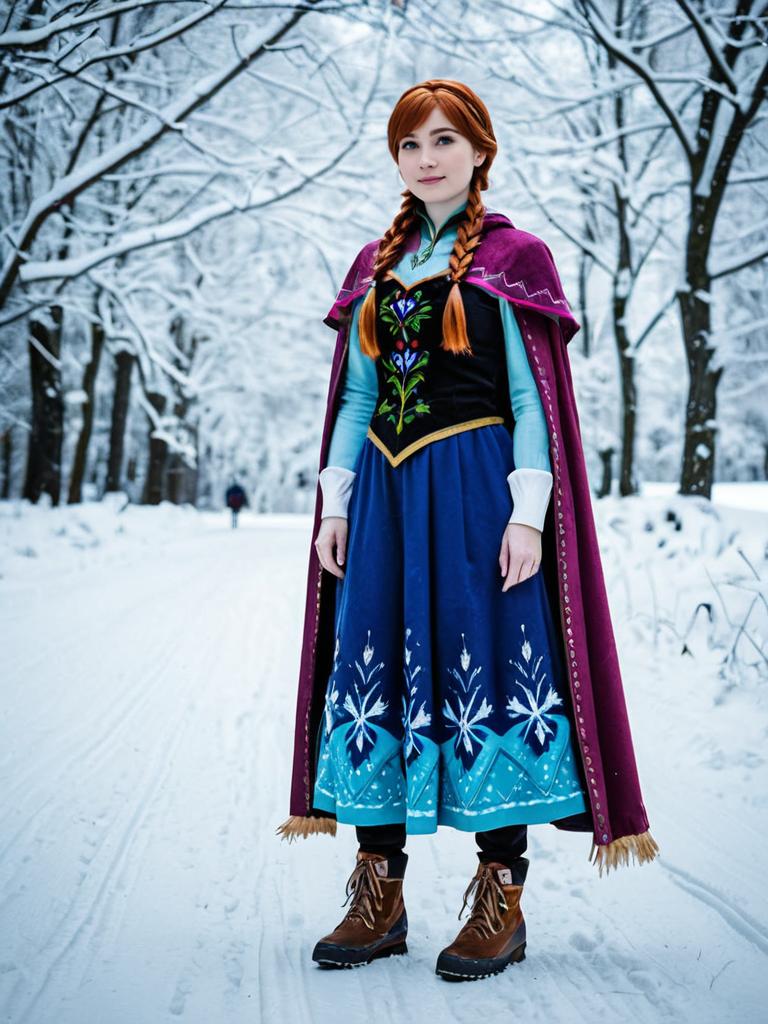 Woman in Blue Dress and Magenta Cape on Snowy Path Woman in Blue Dress and Magenta Cape on Snowy Path