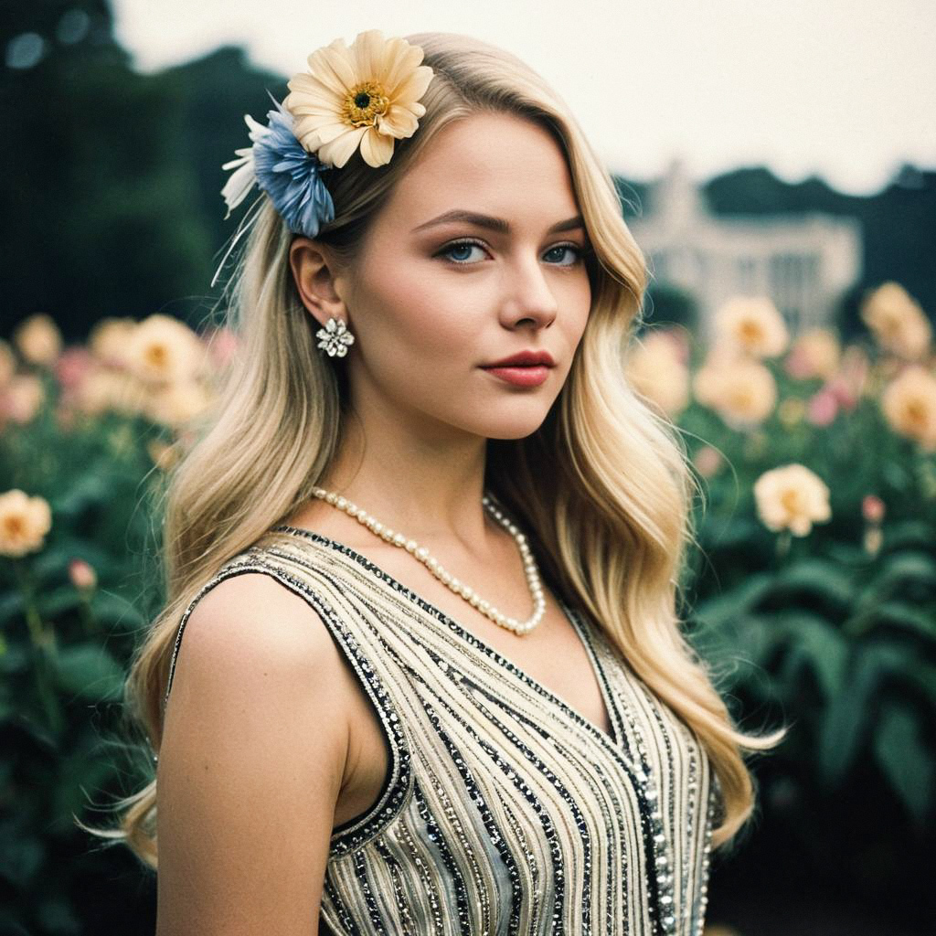 Young Woman in Vintage Outfit with Pearl Jewelry Young Woman in Vintage Outfit with Pearl Jewelry