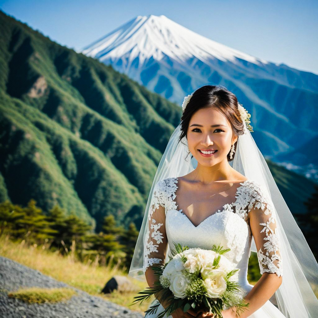 Radiant Bride in Elegant Lace Gown with Mountain Backdrop