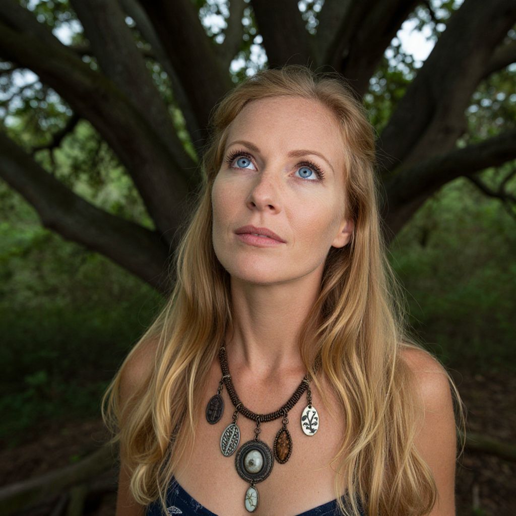 Blonde Woman with Bohemian Necklace Looking Up in Nature
