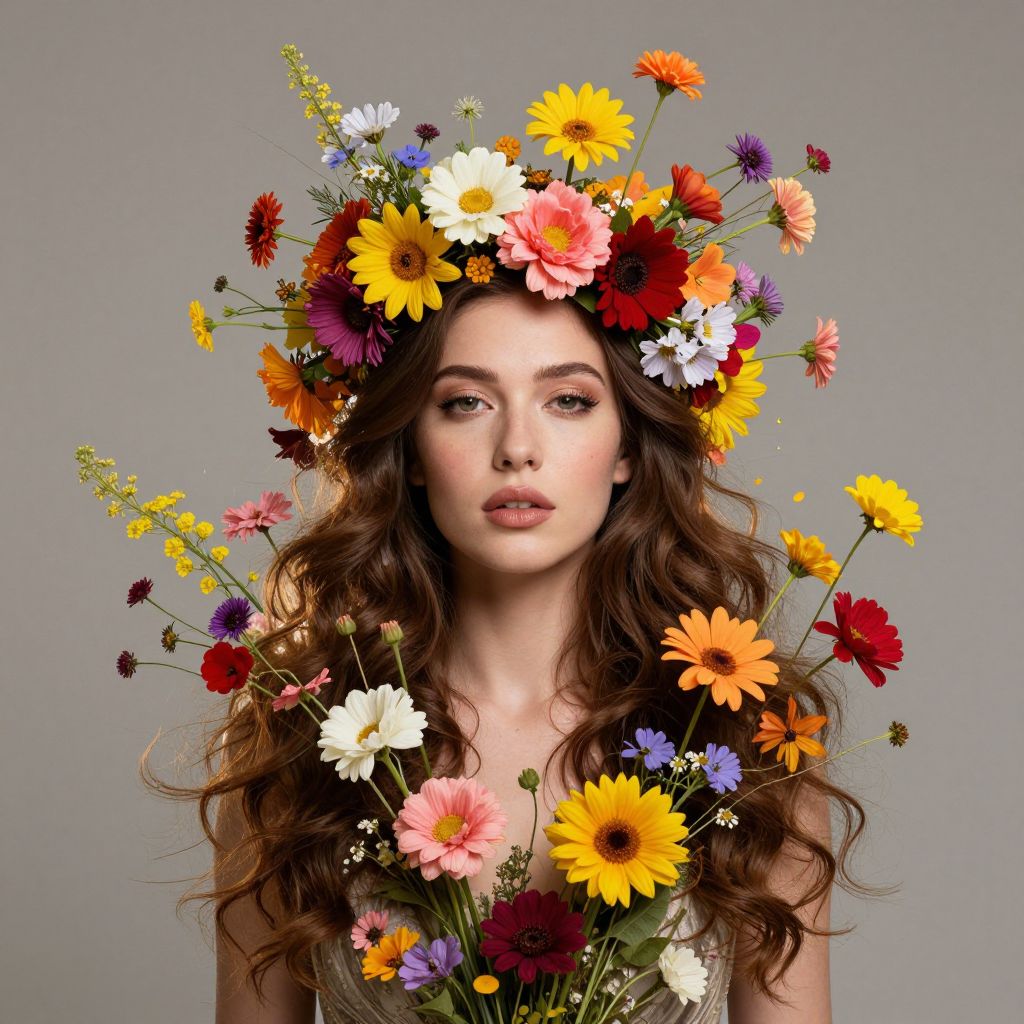 Woman with Colorful Floral Crown and Bouquet Portrait