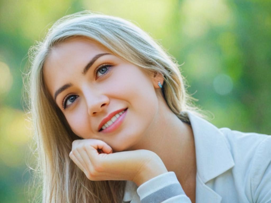 Blonde Woman Smiling in Green Setting