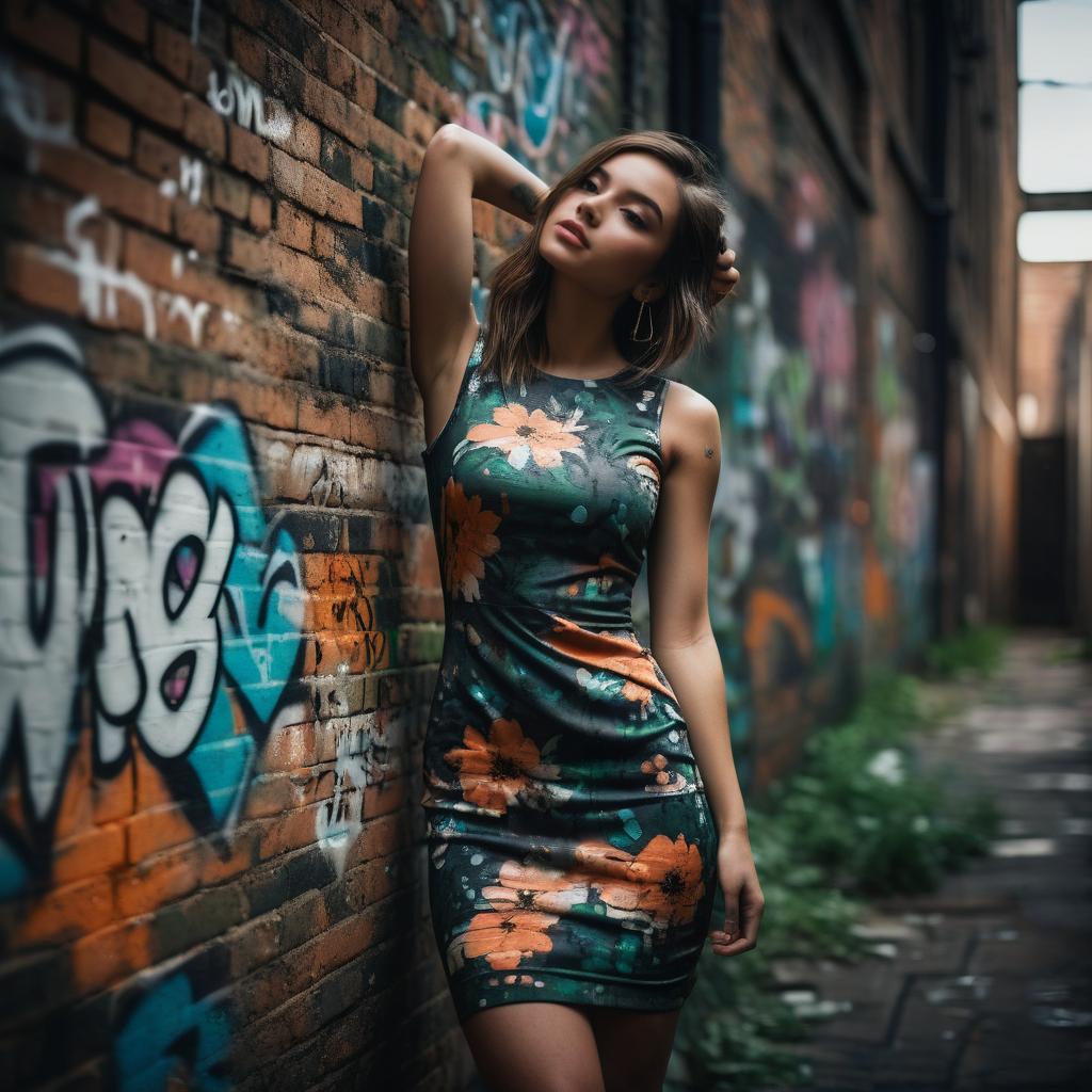 Stylish Woman in Urban Alley with Graffiti Stylish Woman in Urban Alley with Graffiti