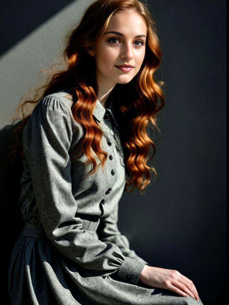 Young Woman with Wavy Red Hair in Grey Dress