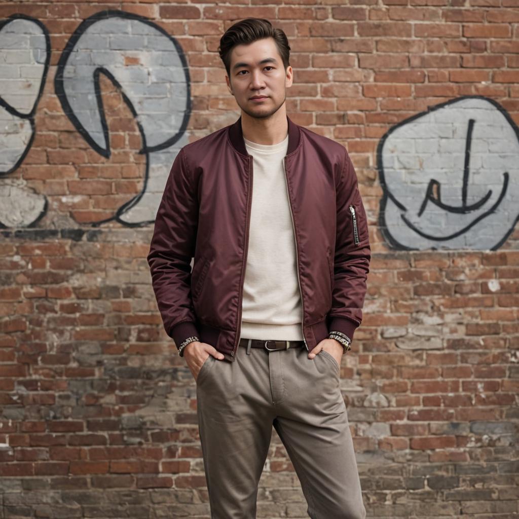 Stylish man in maroon jacket against graffiti wall