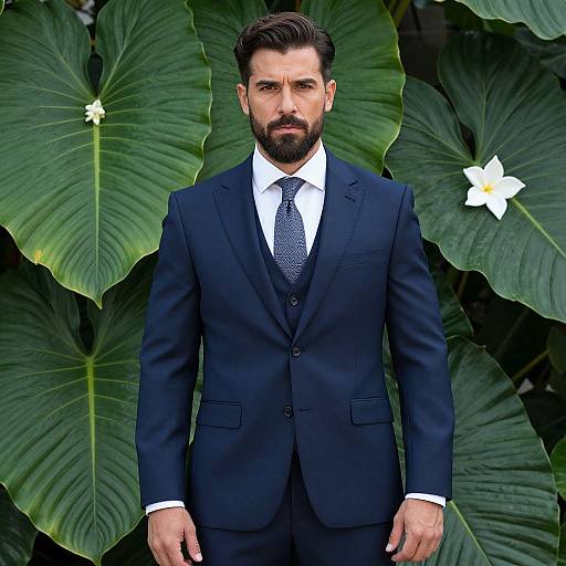 Confident Man in Navy Blue Suit with Tropical Leaf Background