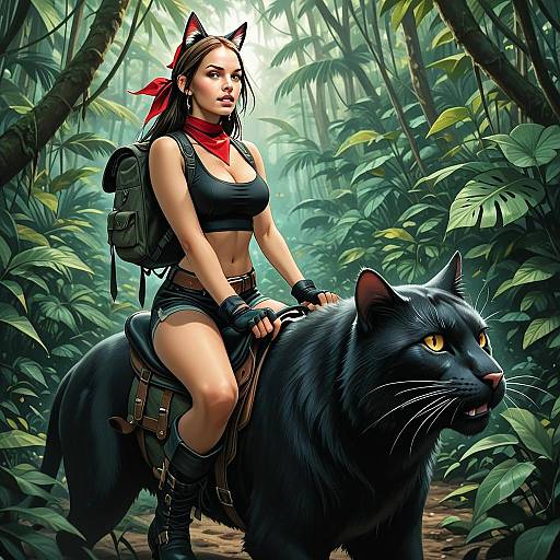 Woman Riding Black Panther in Lush Jungle – Digital Fantasy Artwork