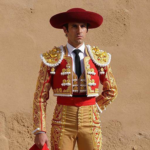Traditional Spanish Matador in Ornate Red and Gold Costume