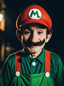 Man in Luigi Halloween Costume with Detailed Mustache and Cinematic Realism