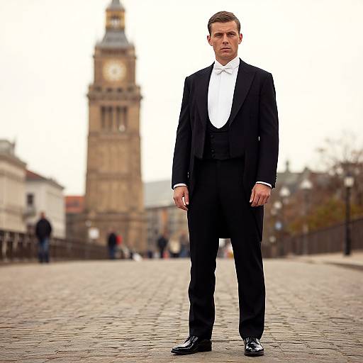Man in Classic Black Tailcoat with White Bow Tie on Cobblestone Street