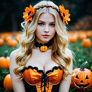 Halloween Woman in Orange Costume with Pumpkin Accessories in Pumpkin Patch