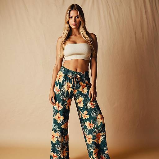 Woman in Beige Crop Top and Floral Wide-Leg Pants Fashion Portrait