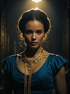 Woman in Blue Dress with Gold Necklace Costume - Once Upon A Time Theme