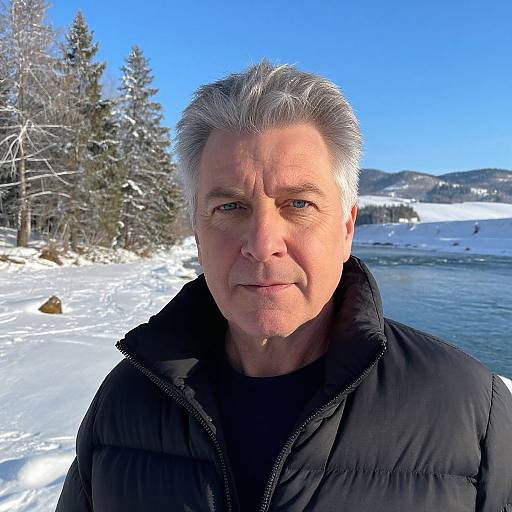 Mature Man in Black Puffer Jacket in Snowy Winter Landscape