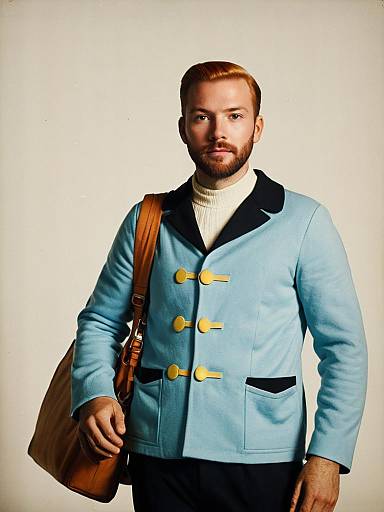 Photorealistic Studio Portrait of Man in Tintin Costume with Blue Coat and Leather Bag