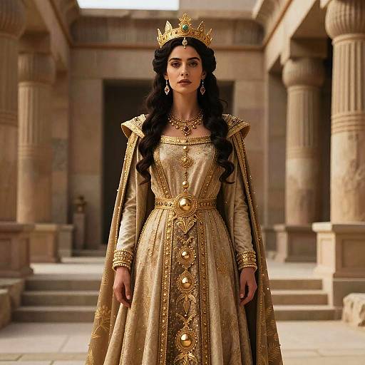 Regal Woman in Golden Medieval Gown and Crown in Historic Courtyard