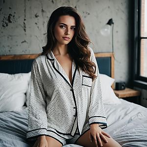Woman Wearing White Pajamas Sitting on Bed in Cozy Modern Bedroom