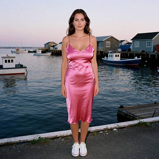 Woman Wearing Bold Pink Satin Slip Dress with Spaghetti Straps by the Waterfront