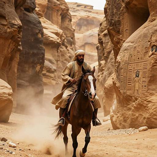 Man Riding Horse in Desert Canyon with Ancient Hieroglyphs