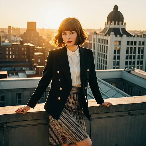Stylish Woman in Blazer and Skirt Poses on Rooftop at Sunset