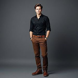 Young man in stylish black shirt and brown pants