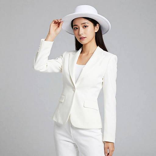 Woman in White Blazer and Wide-Brimmed Hat Fashion Ensemble