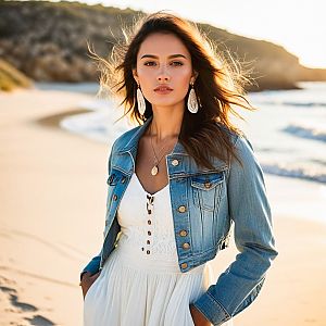 Young Woman on Beach in White Dress and Denim Jacket