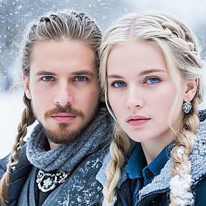 Close-up portrait of a couple in snowy environment