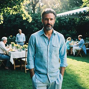 Mature Man in Light Blue Shirt at Relaxed Outdoor Garden Gathering