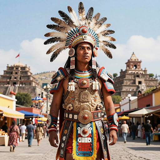 Man Wearing Traditional Aztec Warrior Costume in Market with Historic Pyramids