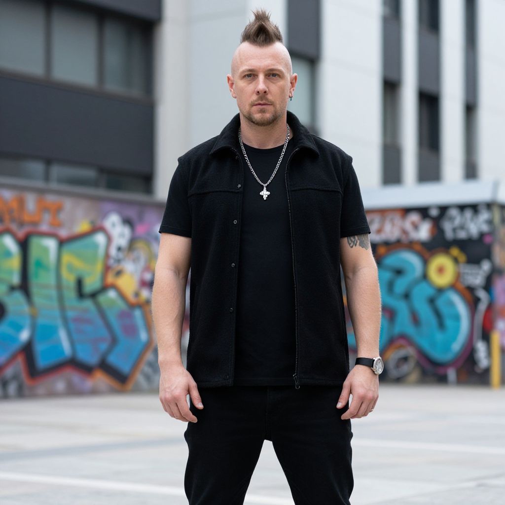 Man with Mohawk Hairstyle Wearing Black Urban Streetwear with Graffiti Background