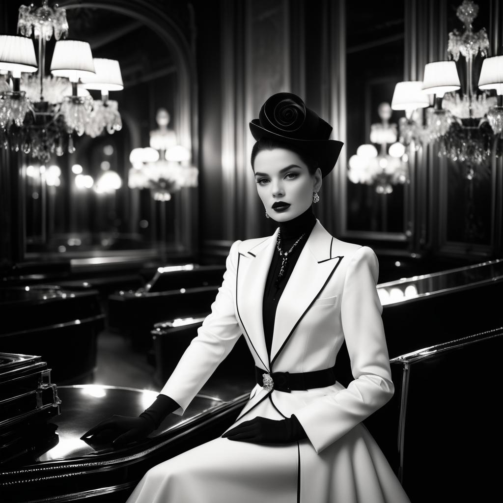 Elegant Black and White Fashion with Chandeliers