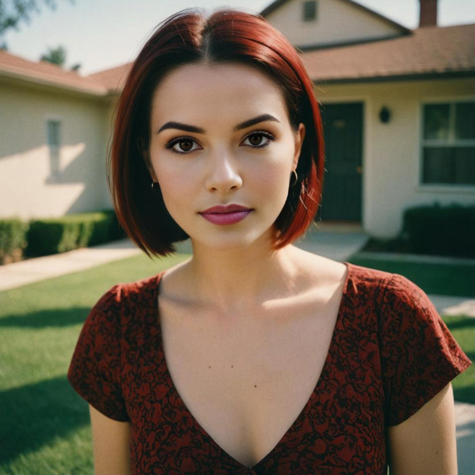 Woman with Bob Hairstyle and Red Lips in Suburban Setting