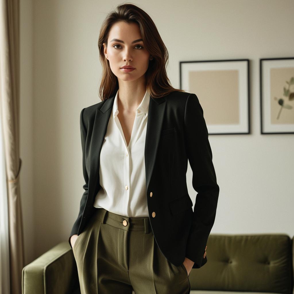 Confident Woman in Business Attire with Black Blazer and Olive Green Pants