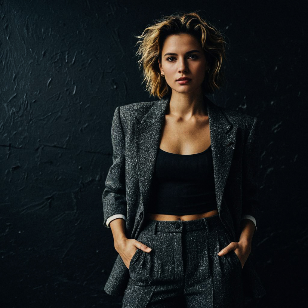 Confident Woman in Grey Suit and Black Crop Top Confident Woman in Grey Suit and Black Crop Top