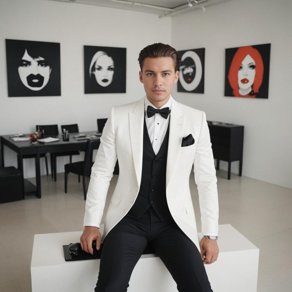 Stylish Man in White Tuxedo at Modern Art Gallery