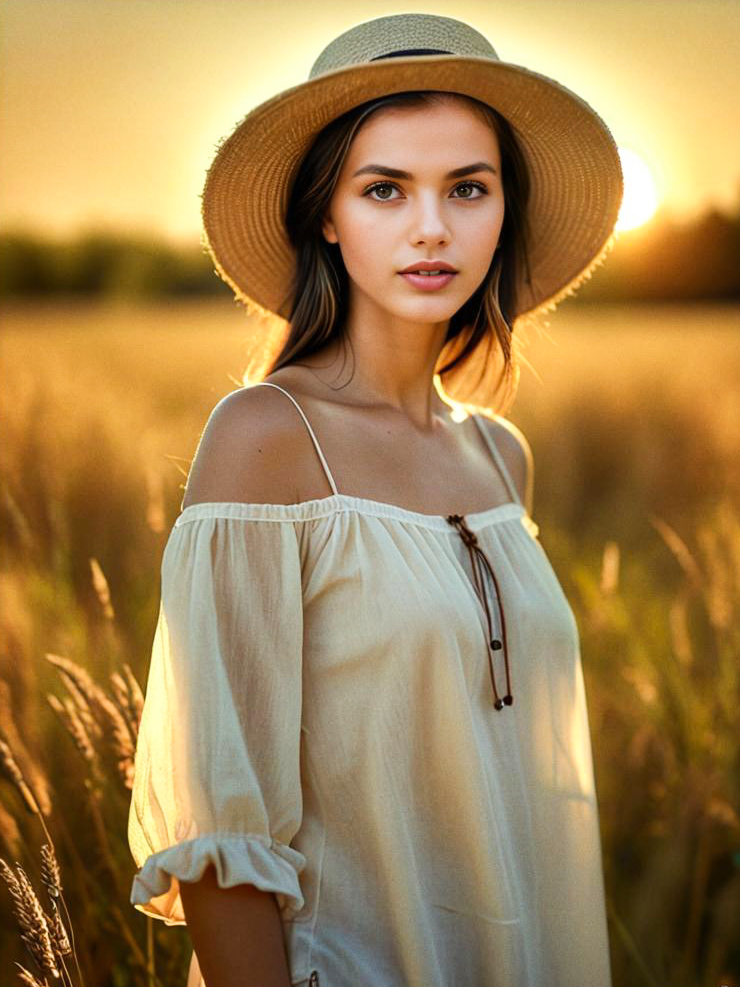 Young Woman in Sunlit Field at Golden Hour