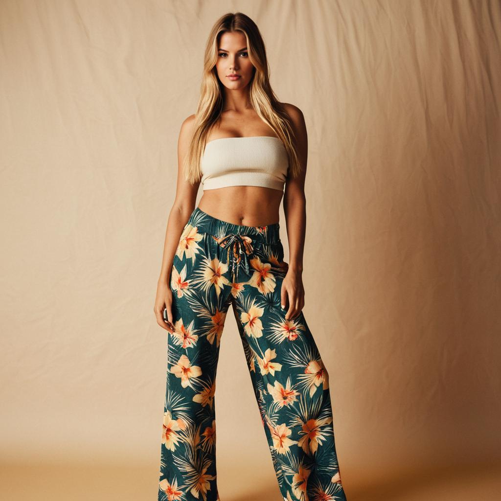 Woman in Beige Crop Top and Floral Wide-Leg Pants Fashion Portrait