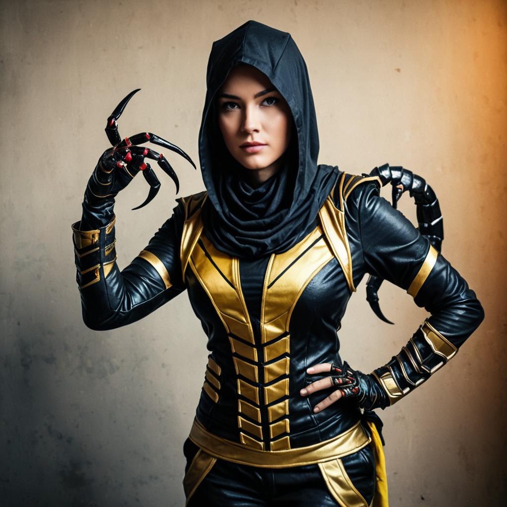 Woman in Black and Gold Futuristic Scorpion Warrior Costume with Claw Gloves