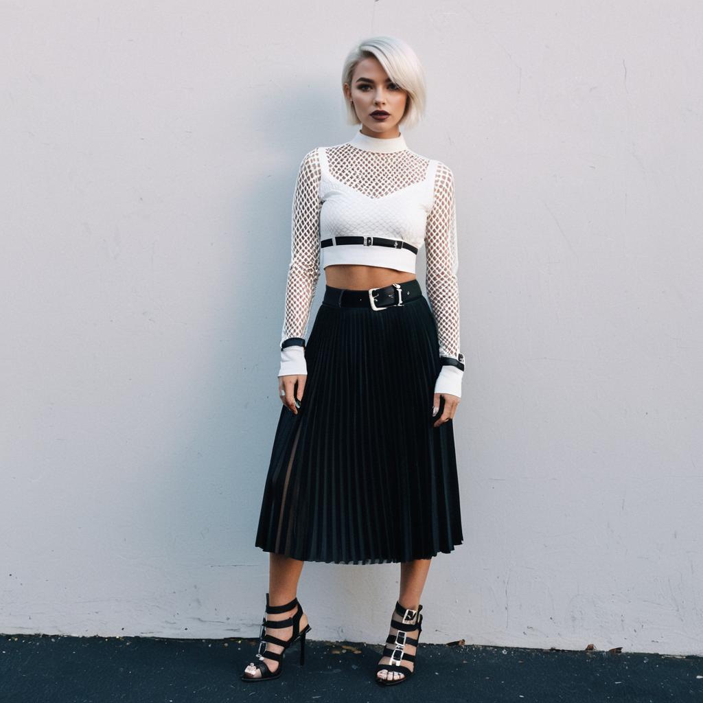 Stylish Woman in Edgy Black and White Modern Outfit
