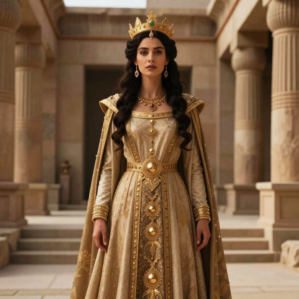 Regal Woman in Golden Medieval Gown and Crown in Historic Courtyard