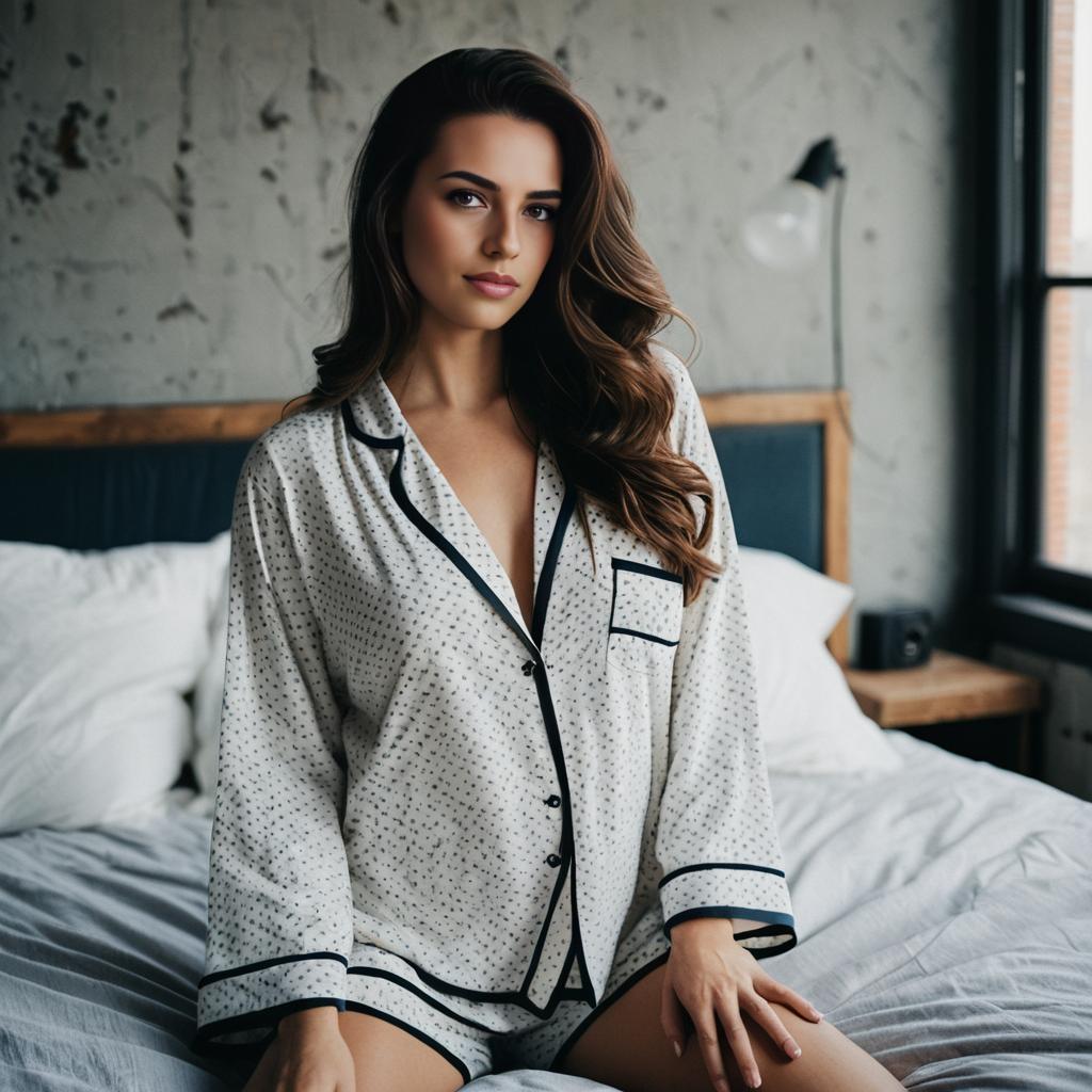 Woman Wearing White Pajamas Sitting on Bed in Cozy Modern Bedroom