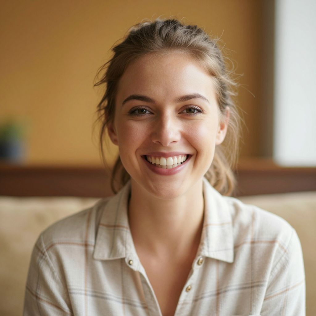 Smiling Young Woman in Casual Plaid Shirt Indoor Portrait