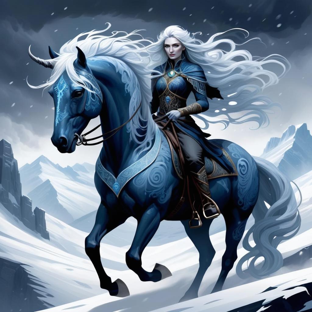 Regal Woman on Blue Horse in Snowy Mountains